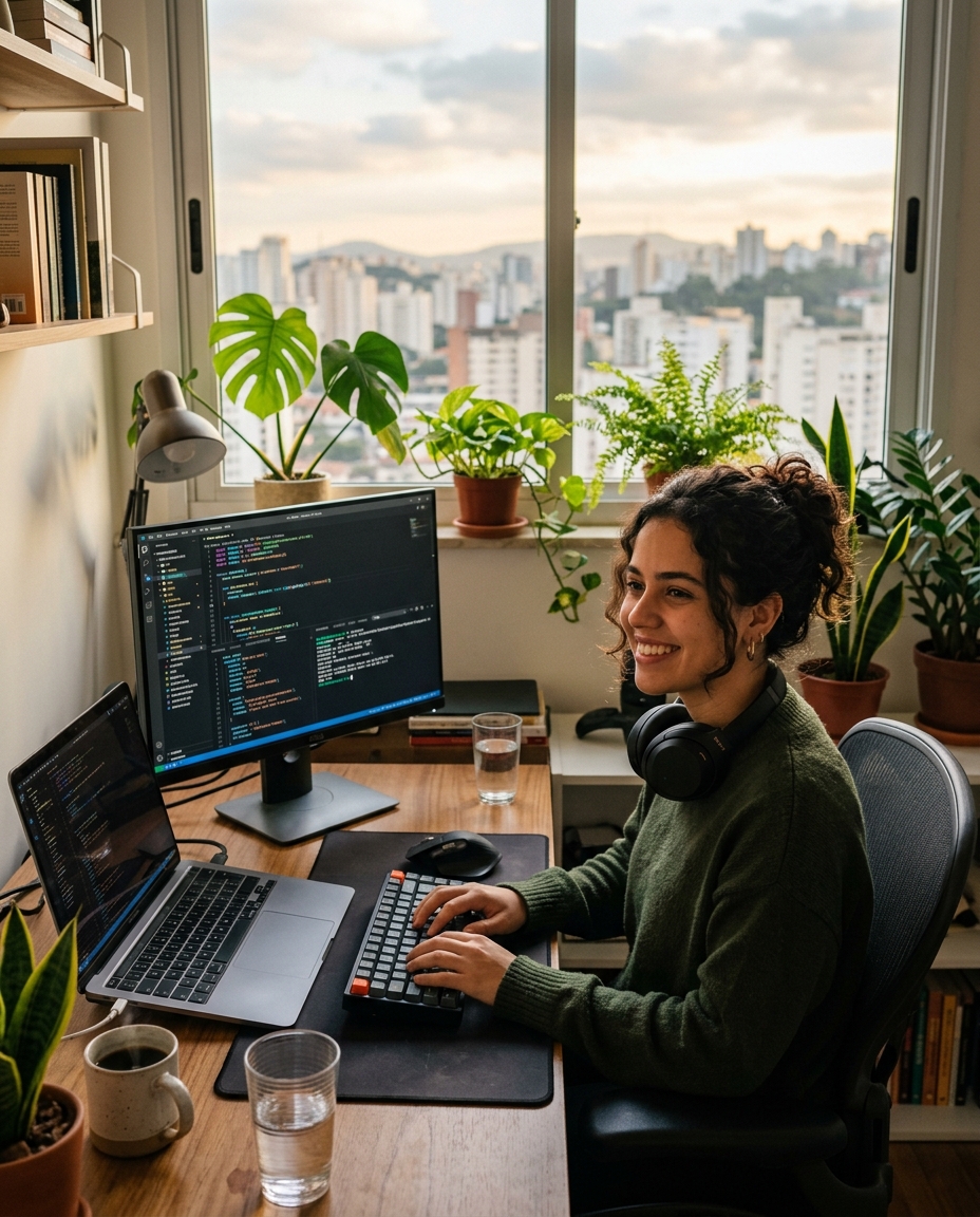 Pessoa começando o dia no home office com dois monitores