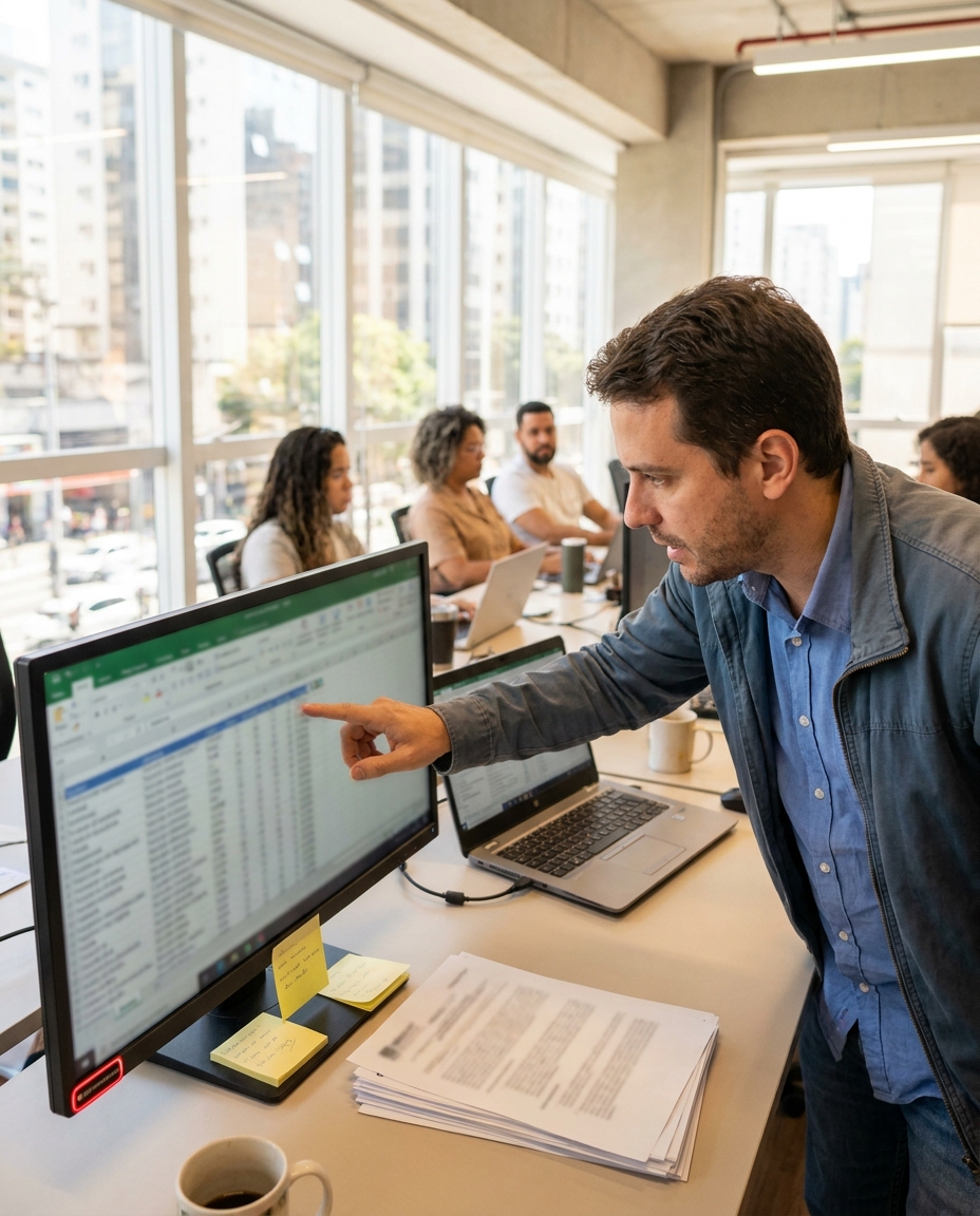 Analista mostrando ao computador como faz a planilha