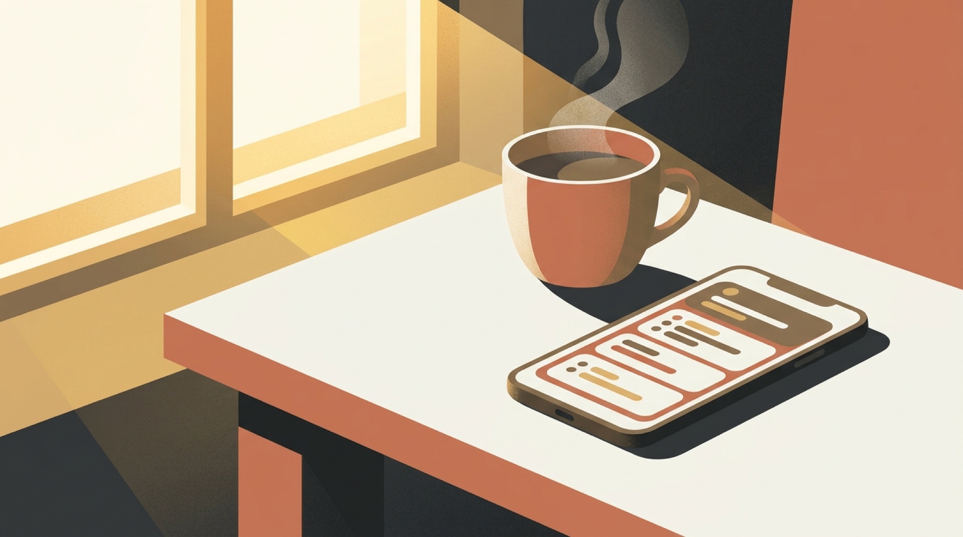 Mesa ao amanhecer com café e resumo no celular