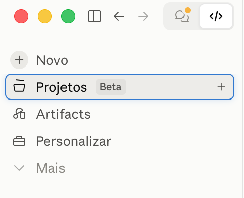 Menu do Claude com Projetos em Beta