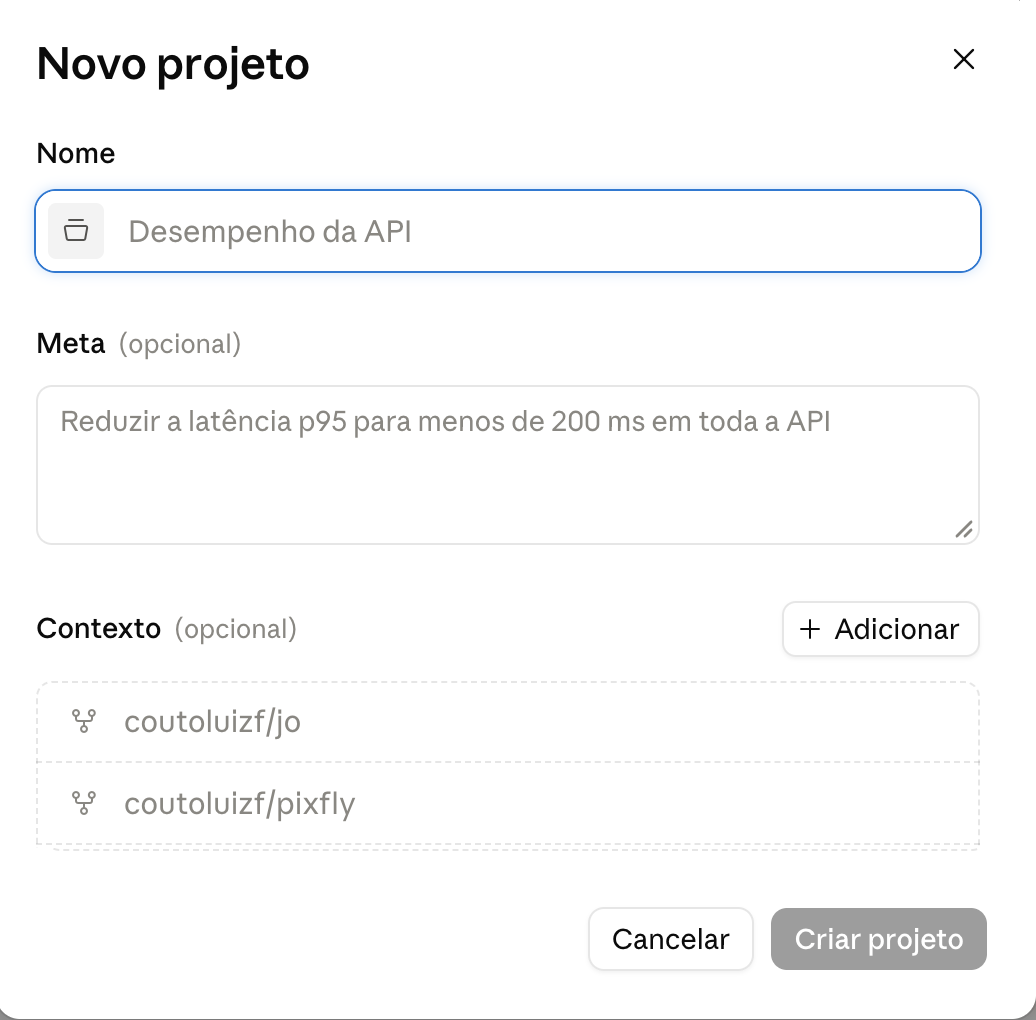 Formulário Novo projeto no Claude Desktop