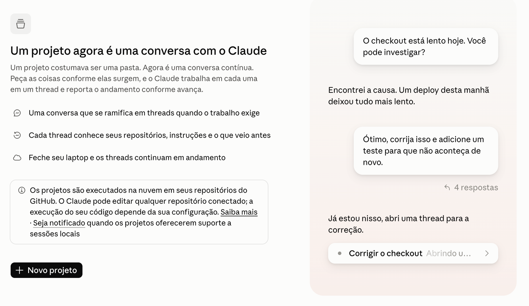 Tela de apresentação de Projetos no Claude Desktop