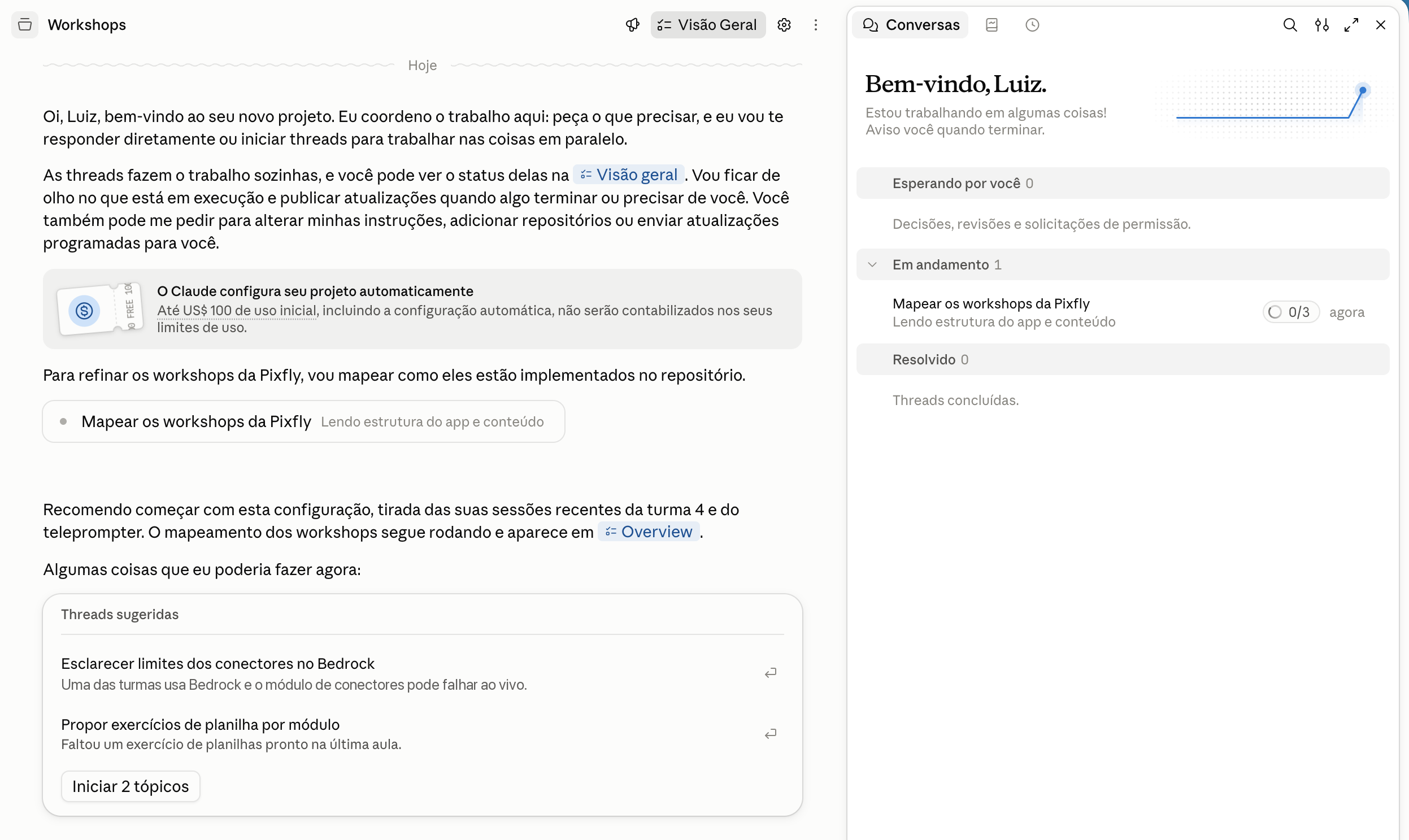 Projeto Workshops com coordenador, threads e visão geral